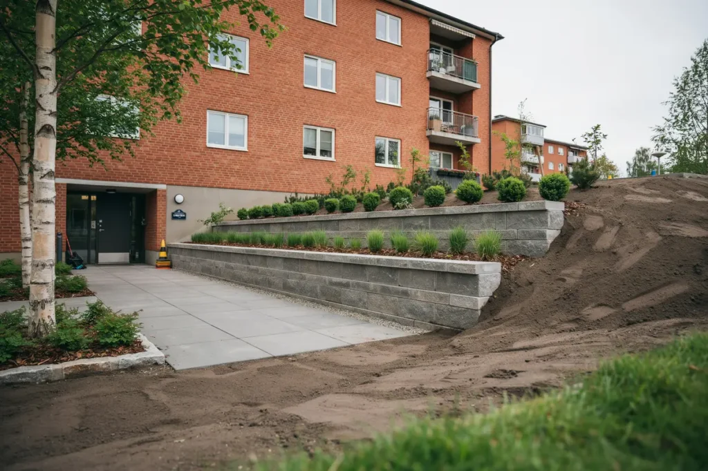 finplanering och st dmursarbete vid flerbostadshus i sundbyberg